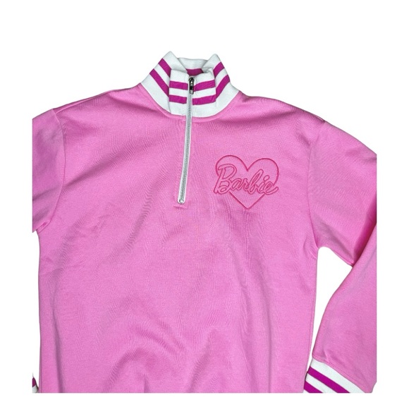 Barbie Cozy Fleece Lined Zip Up Varsity Sweater w Pink Stripe sz small - Picture 2 of 6